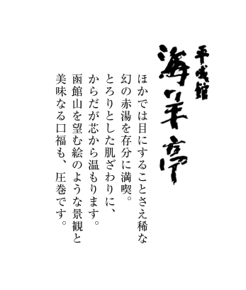 平成館 海洋亭 ほかでは目にすることさえ稀な幻の赤湯を存分に満喫。とろりとした肌ざわりに、からだが芯から温もります。函館山を望む絵のような景観と美味なる口福も、圧巻です。